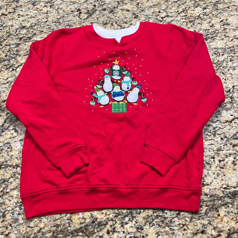 Liberty Lane Womens Red Penguin Christmas Tree Sweatshirt Mock Neck S Holiday